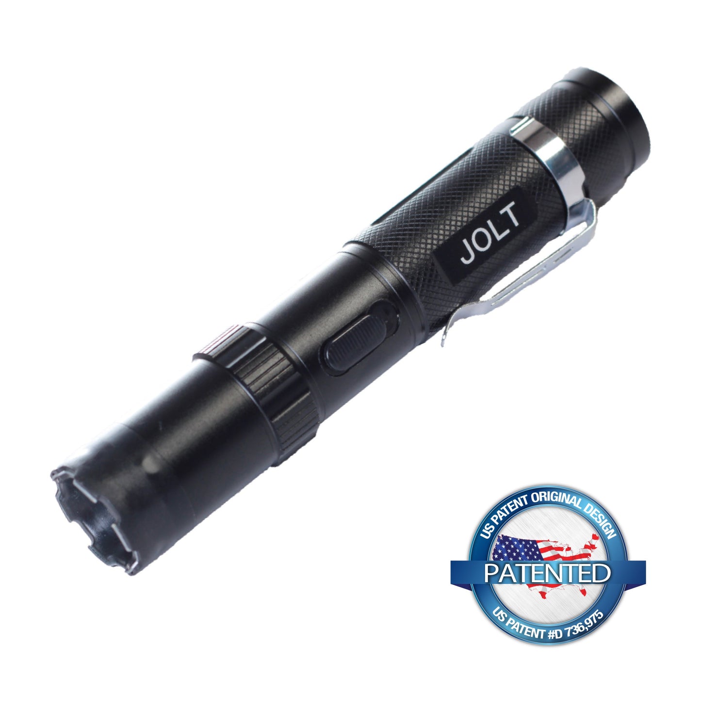 Tactical 75,000,000 Stun Flashlight - extremely powerful self-defense flashlight with high-voltage stun capability, designed for tactical reliability and protection, in white background.