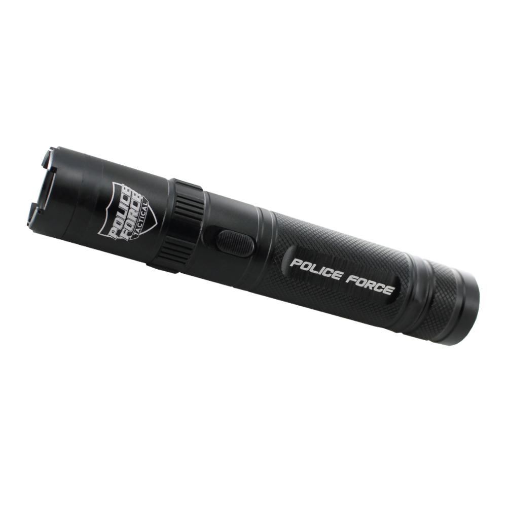 Tactical 9,200,000 Stun Flashlight - multifunctional device combining a powerful flashlight with a high-voltage stun gun for effective self-defense, in white background.