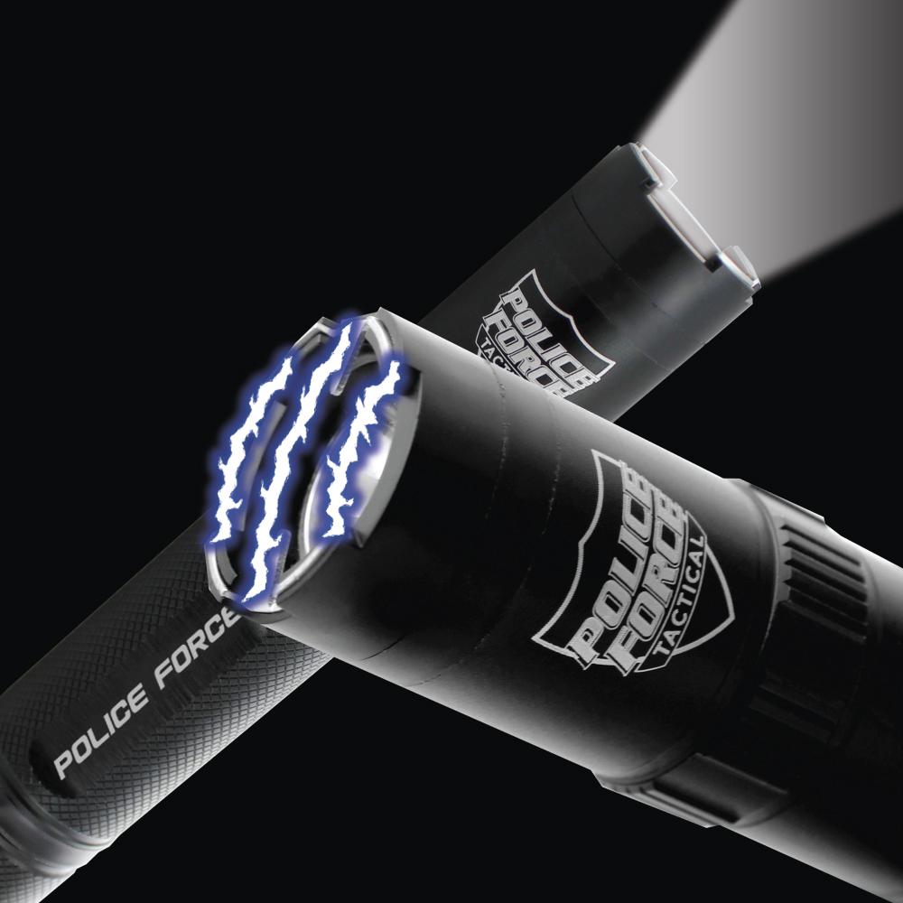 Tactical 9,200,000 Stun Flashlight - multifunctional device combining a powerful flashlight with a high-voltage stun gun for effective self-defense, in white background.