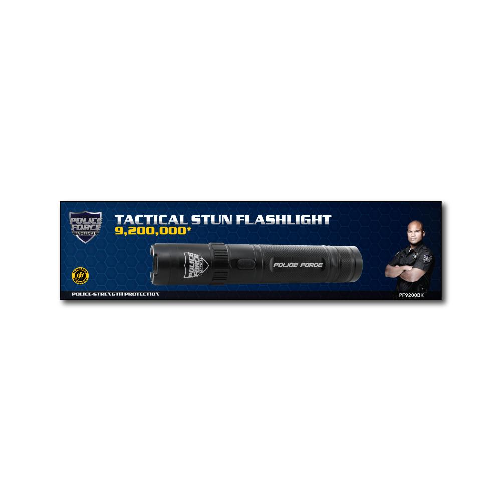Product box of Tactical 9,200,000 Stun Flashlight - multifunctional device combining a powerful flashlight with a high-voltage stun gun for effective self-defense, in white background.