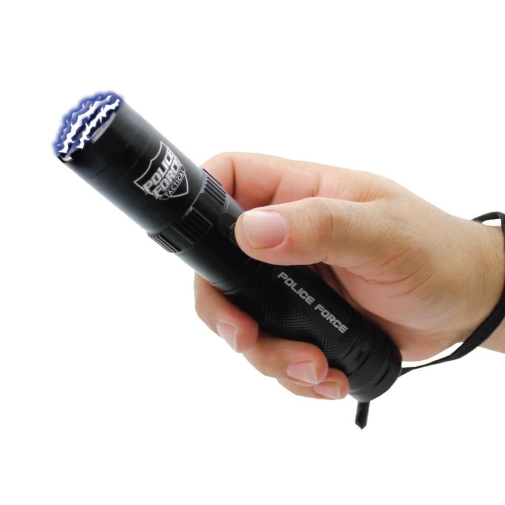 Someone holding Tactical 9,200,000 Stun Flashlight - multifunctional device combining a powerful flashlight with a high-voltage stun gun for effective self-defense, in white background.