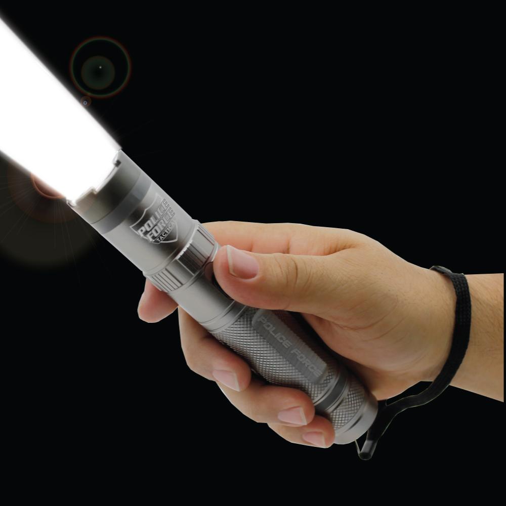 Someone holding Tactical 9,200,000 Stun Flashlight - multifunctional device combining a powerful flashlight with a high-voltage stun gun for effective self-defense, in black background.