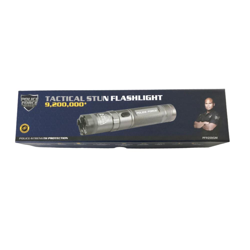 Product box of Tactical 9,200,000 Stun Flashlight - multifunctional device combining a powerful flashlight with a high-voltage stun gun for effective self-defense, in white background.