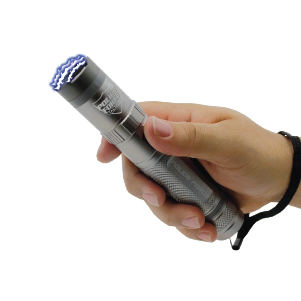 Someone holding Tactical 9,200,000 Stun Flashlight - multifunctional device combining a powerful flashlight with a high-voltage stun gun for effective self-defense, in white background.