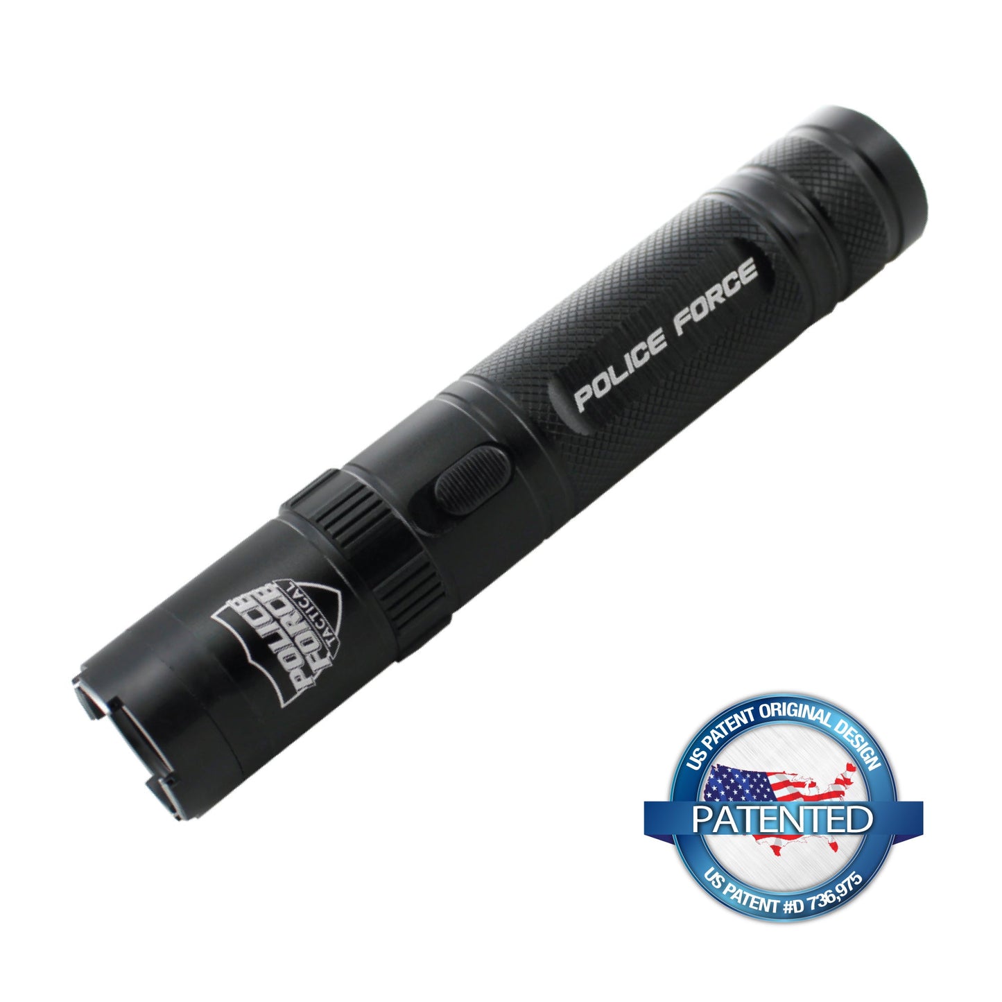 Tactical 9,200,000 Stun Flashlight - multifunctional device combining a powerful flashlight with a high-voltage stun gun for effective self-defense, in white background.
