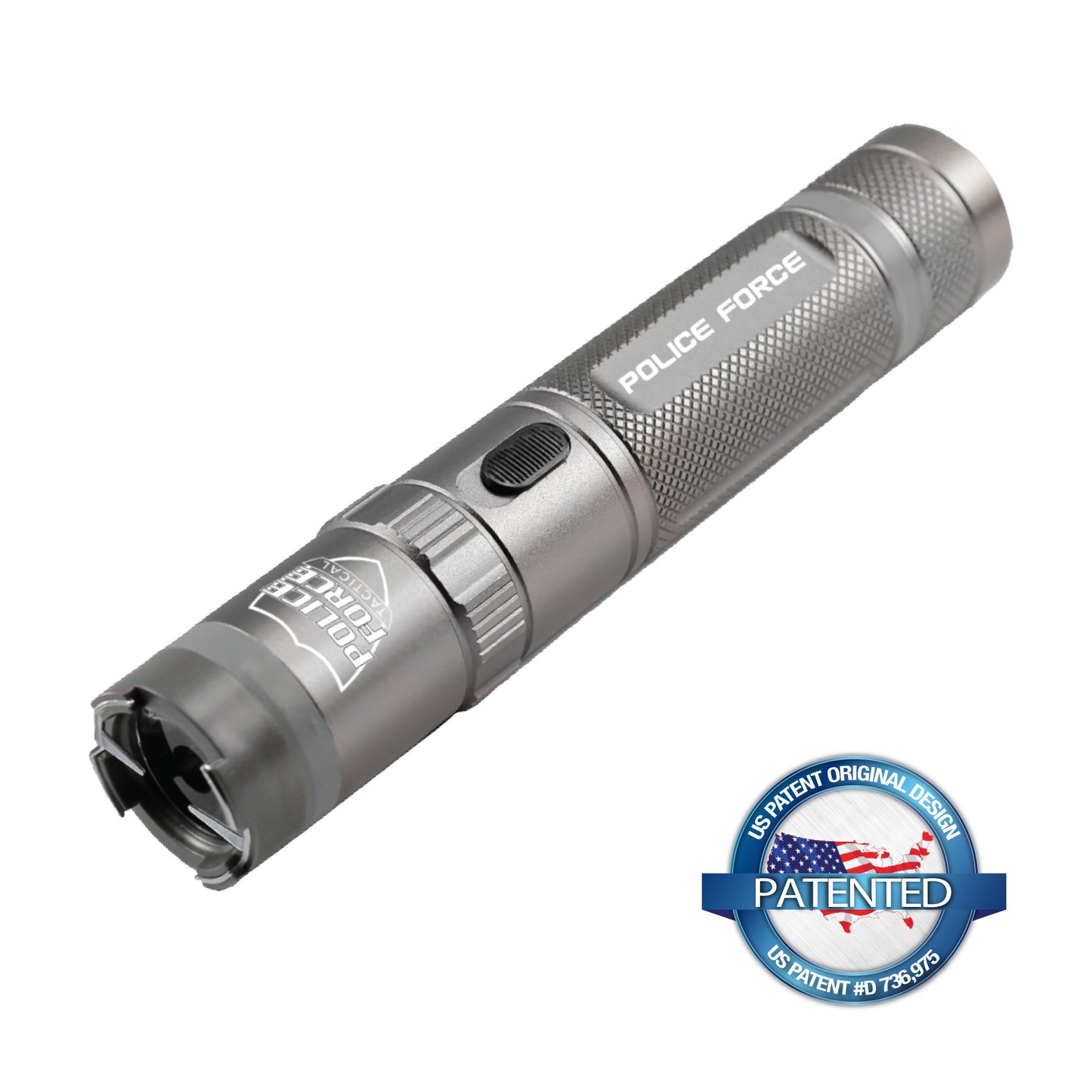 Tactical 9,200,000 Stun Flashlight - multifunctional device combining a powerful flashlight with a high-voltage stun gun for effective self-defense, in white background.