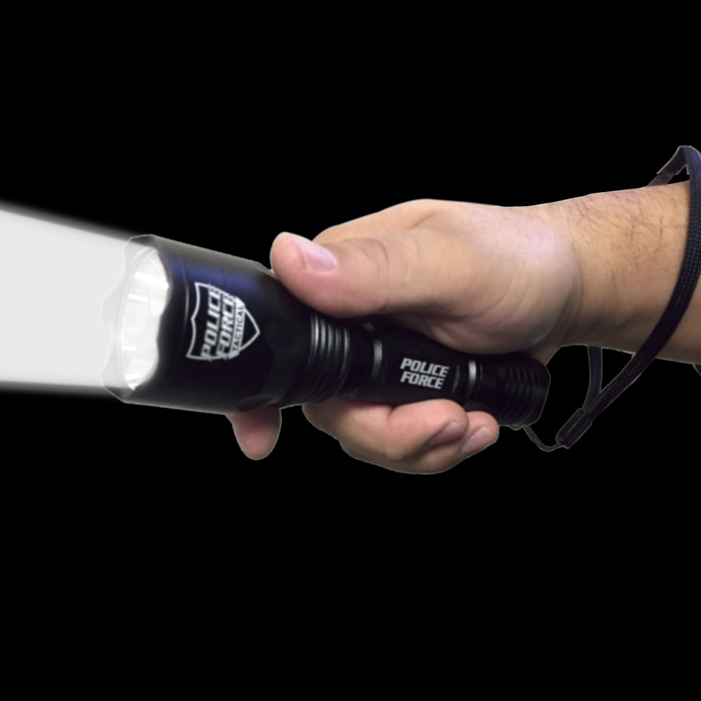 Someone holding Tactical L2 LED Flashlight with Holster – high-performance flashlight featuring L2 LED technology, paired with a durable holster for secure and convenient carry, in dark background.