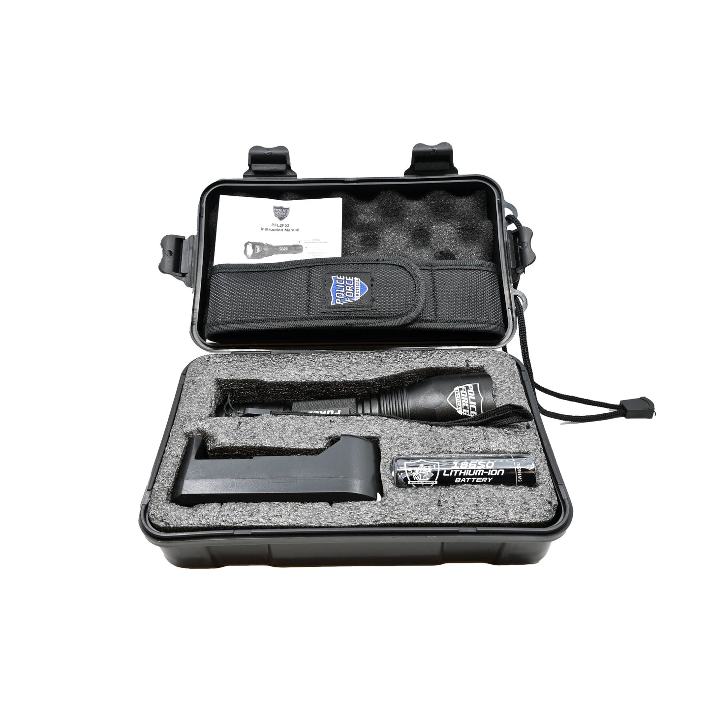 Tactical L2 LED Flashlight with Holster – high-performance flashlight featuring L2 LED technology, paired with a durable holster for secure and convenient carry, inside case, in white background.