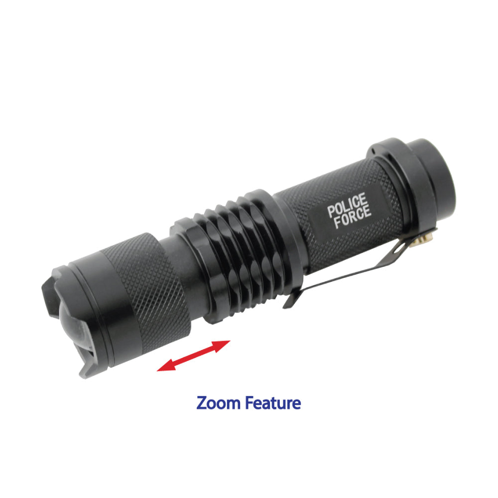 Tactical Q5 LED Flashlight – compact and powerful flashlight featuring a Q5 LED for high brightness and reliable performance in tactical situations, in white background.