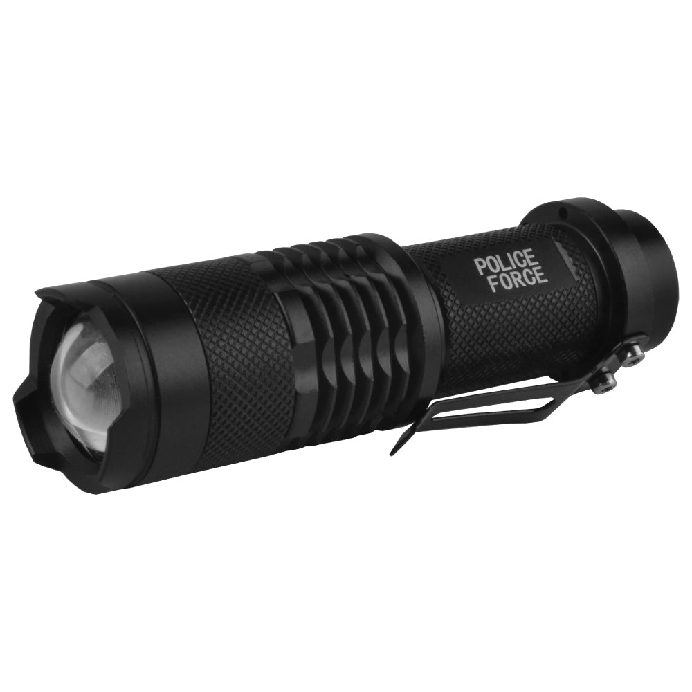 Tactical Q5 LED Flashlight – compact and powerful flashlight featuring a Q5 LED for high brightness and reliable performance in tactical situations, in white background.