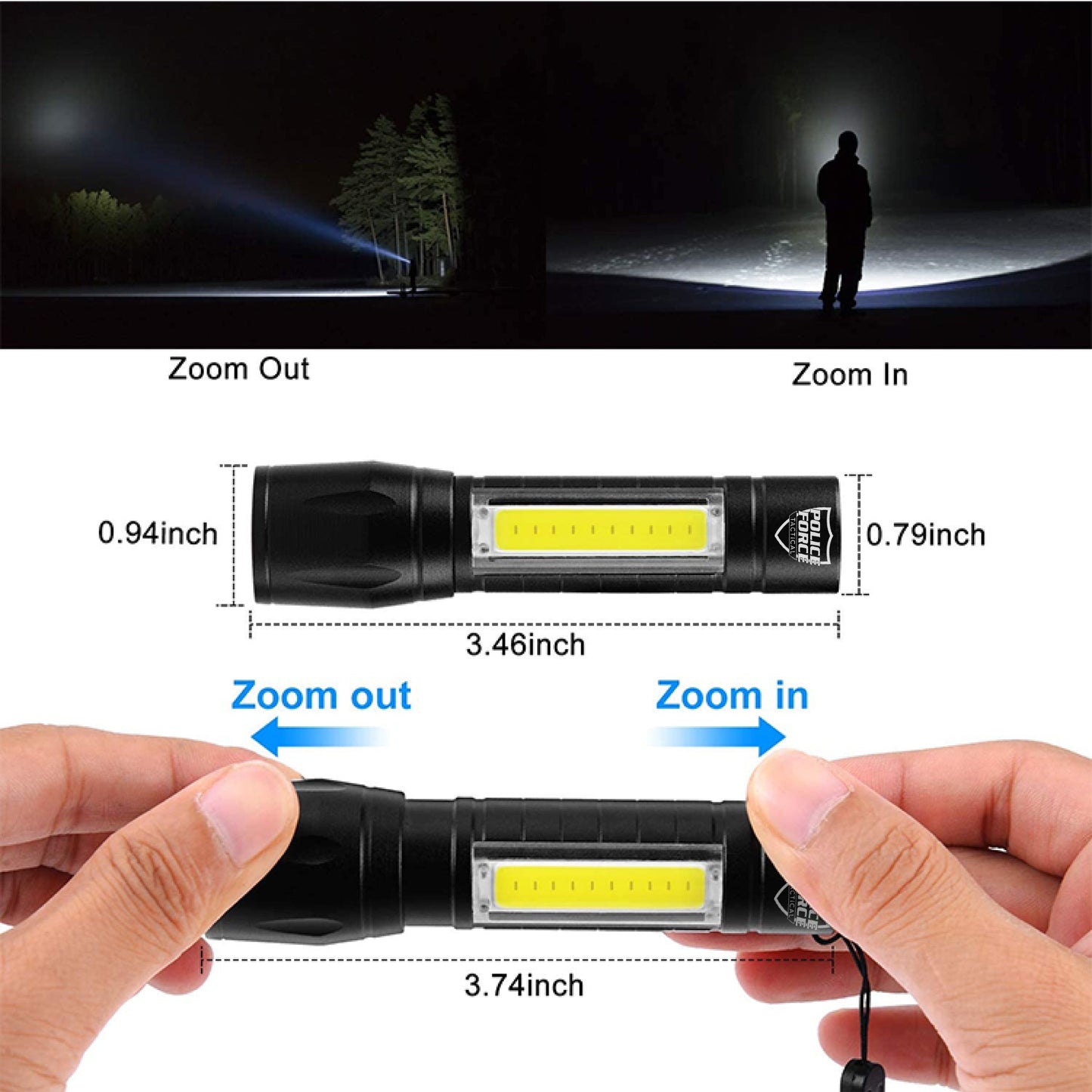 Features of Tactical XPE/COB Mini Flashlight – compact flashlight featuring dual XPE and COB LED technology for versatile and powerful lighting in a small form factor.