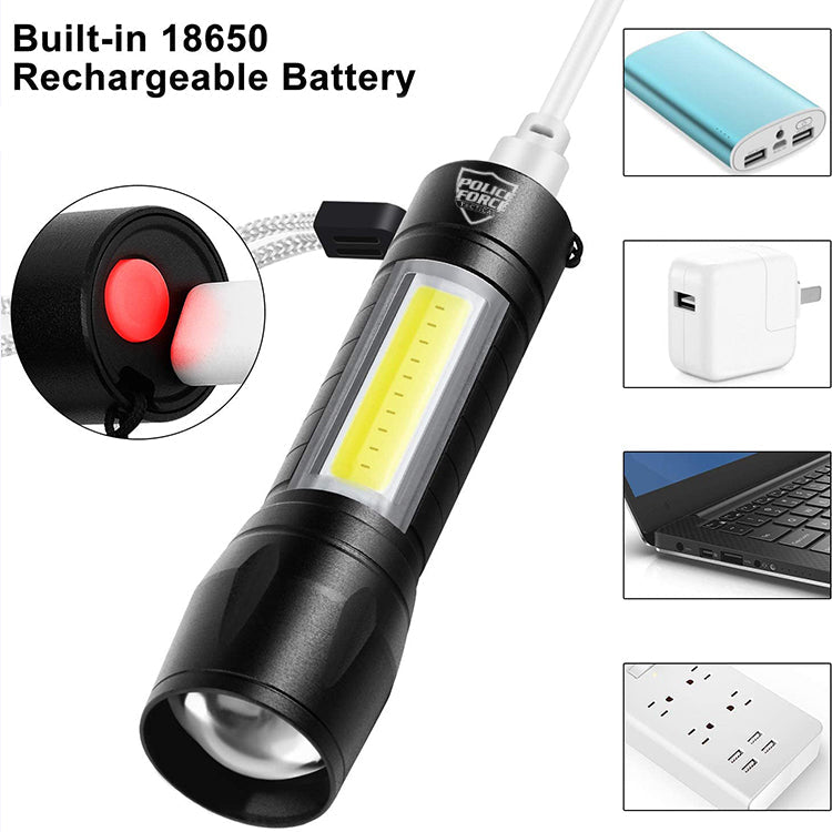 Features of Tactical XPE/COB Mini Flashlight – compact flashlight featuring dual XPE and COB LED technology for versatile and powerful lighting in a small form factor, in white background.