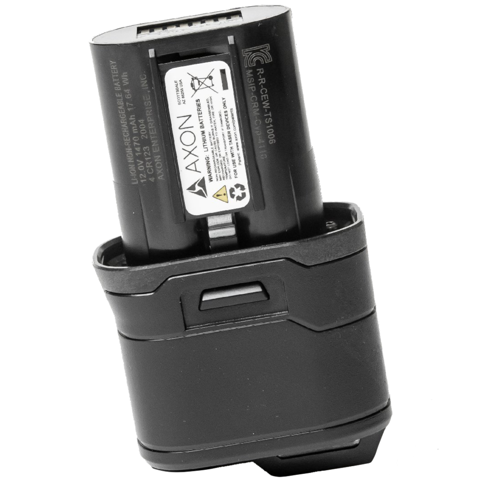 TASER 7 CQ Battery Pack – durable lithium energy cell designed for the TASER 7 CQ, providing power for approximately 500 single-bay firings; user-replaceable but not rechargeable, in white background.