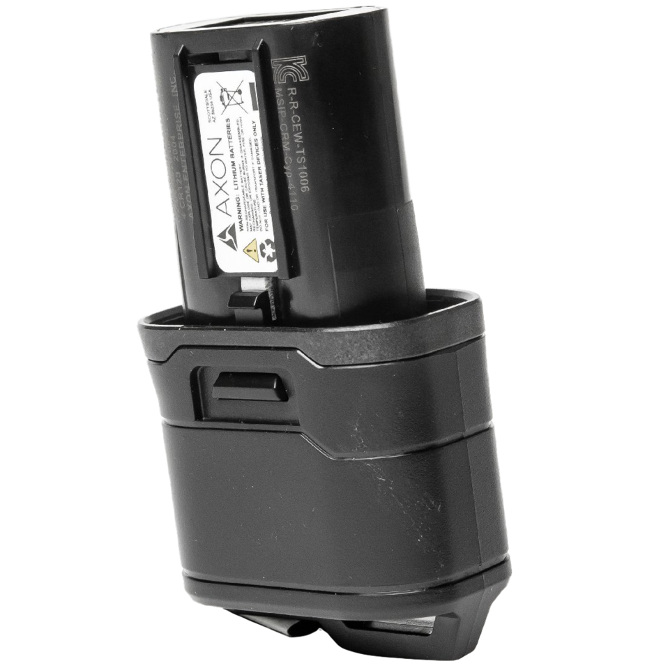 TASER 7 CQ Battery Pack – durable lithium energy cell designed for the TASER 7 CQ, providing power for approximately 500 single-bay firings; user-replaceable but not rechargeable, in white background.