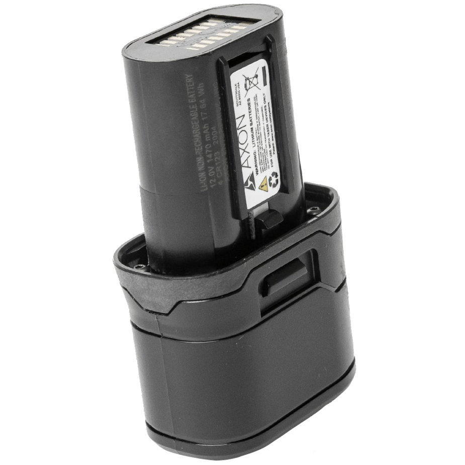 TASER 7 CQ Battery Pack – durable lithium energy cell designed for the TASER 7 CQ, providing power for approximately 500 single-bay firings; user-replaceable but not rechargeable, in white background.