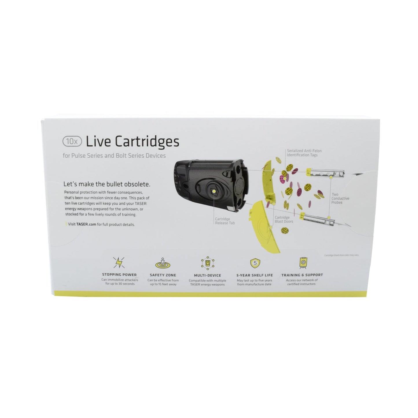 Product box for 10-Pack of Live Cartridges for TASER C2/Bolt/Pulse/Pulse+ – replacement cartridges compatible with TASER C2, Bolt, Pulse, and Pulse+ devices, each equipped with a primer, gas capsule, probes, serialized tags, and conductive wires, offering a range of up to 15 feet, in white background.
