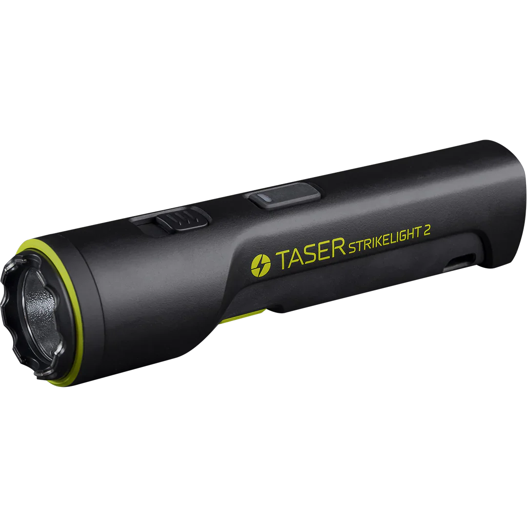 TASER StrikeLight 2 Kit – versatile self-defense flashlight featuring a 700-lumen beam, built-in stun capability, audible arc warning, and USB-C charging for everyday protection, in checkered background.