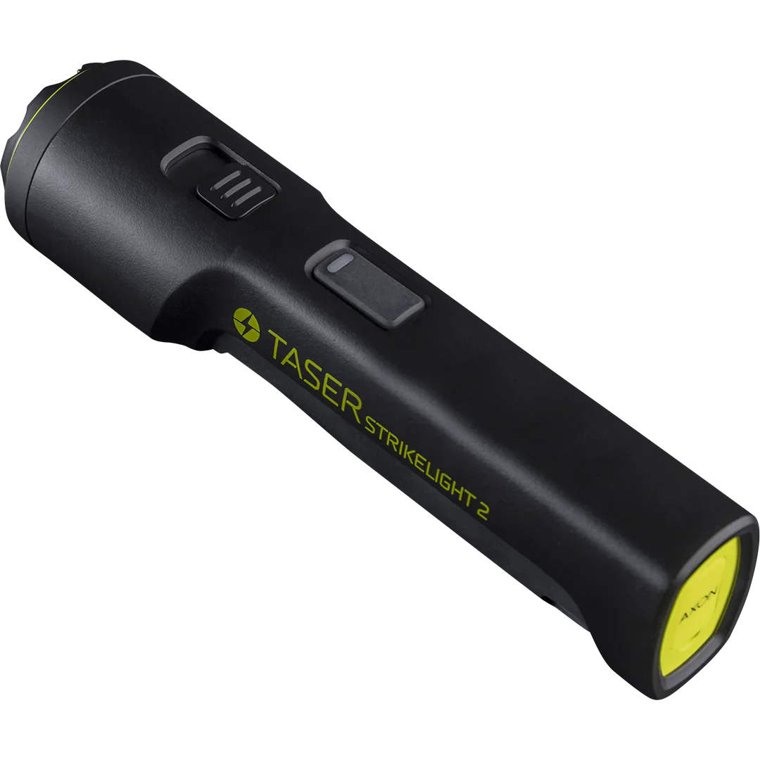 TASER StrikeLight 2 Kit – versatile self-defense flashlight featuring a 700-lumen beam, built-in stun capability, audible arc warning, and USB-C charging for everyday protection, in checkered background.