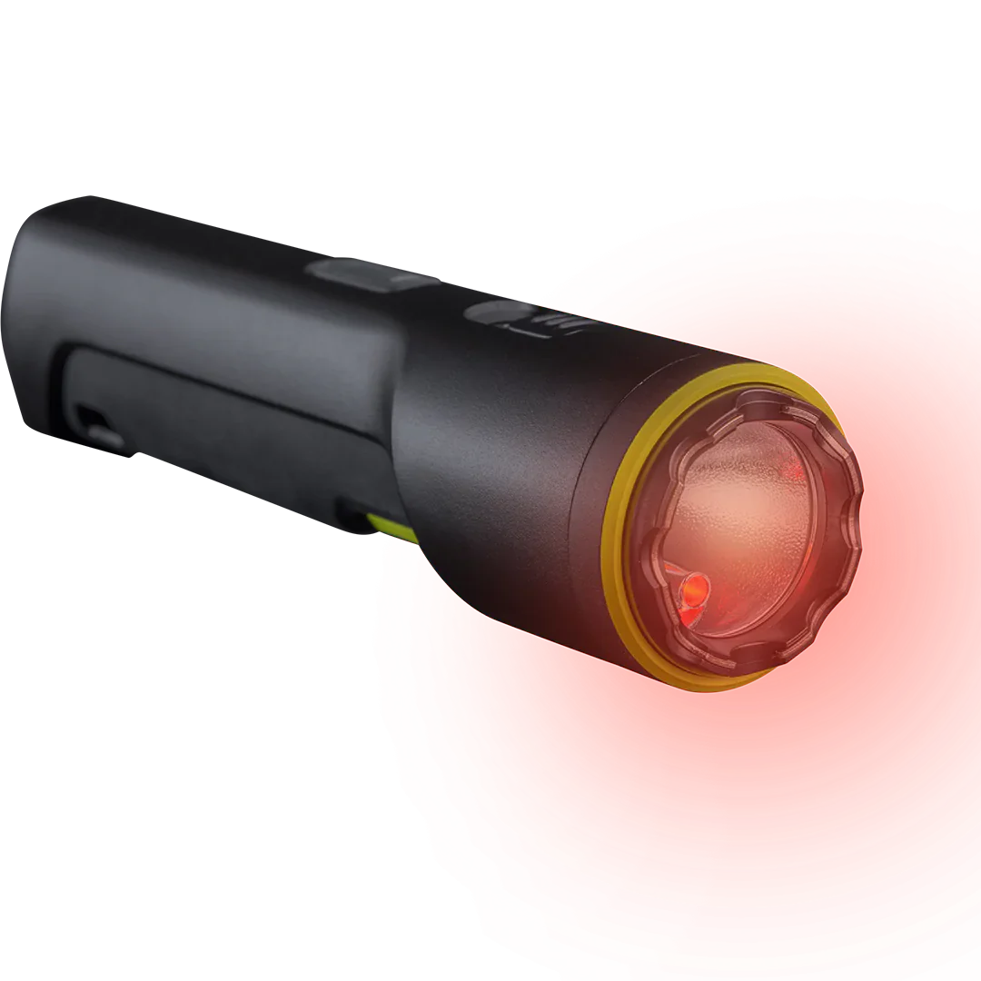 TASER StrikeLight 2 Kit – versatile self-defense flashlight featuring a 700-lumen beam, built-in stun capability, audible arc warning, and USB-C charging for everyday protection, in checkered background.