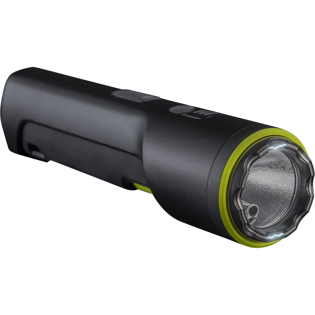 TASER StrikeLight 2 Kit – versatile self-defense flashlight featuring a 700-lumen beam, built-in stun capability, audible arc warning, and USB-C charging for everyday protection, in checkered background.
