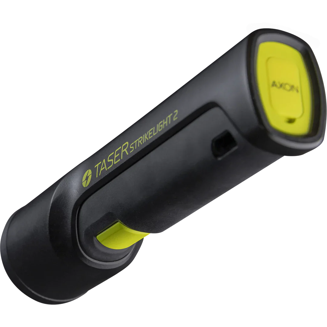 TASER StrikeLight 2 Kit – versatile self-defense flashlight featuring a 700-lumen beam, built-in stun capability, audible arc warning, and USB-C charging for everyday protection, in checkered background.