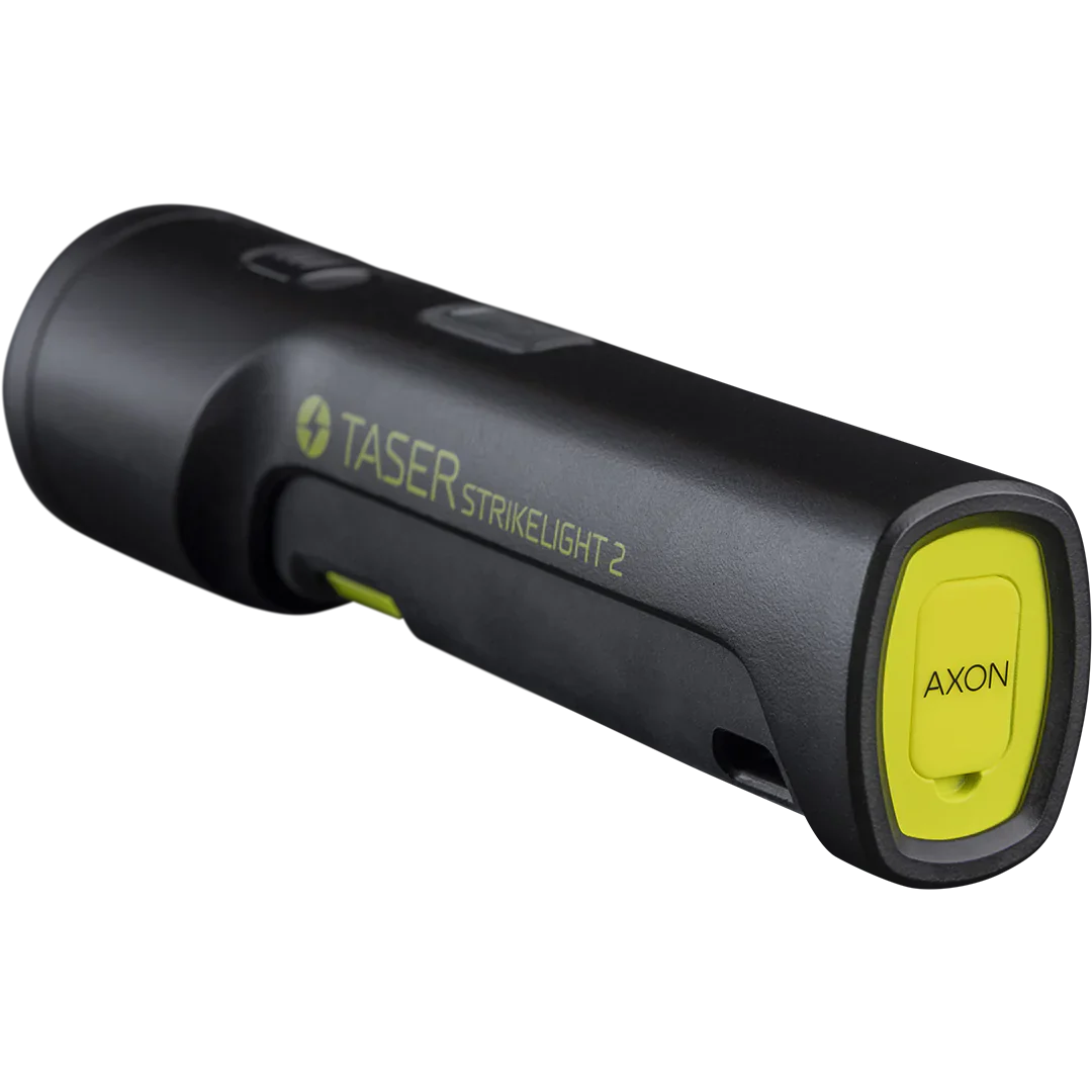 TASER StrikeLight 2 Kit – versatile self-defense flashlight featuring a 700-lumen beam, built-in stun capability, audible arc warning, and USB-C charging for everyday protection, in checkered background.