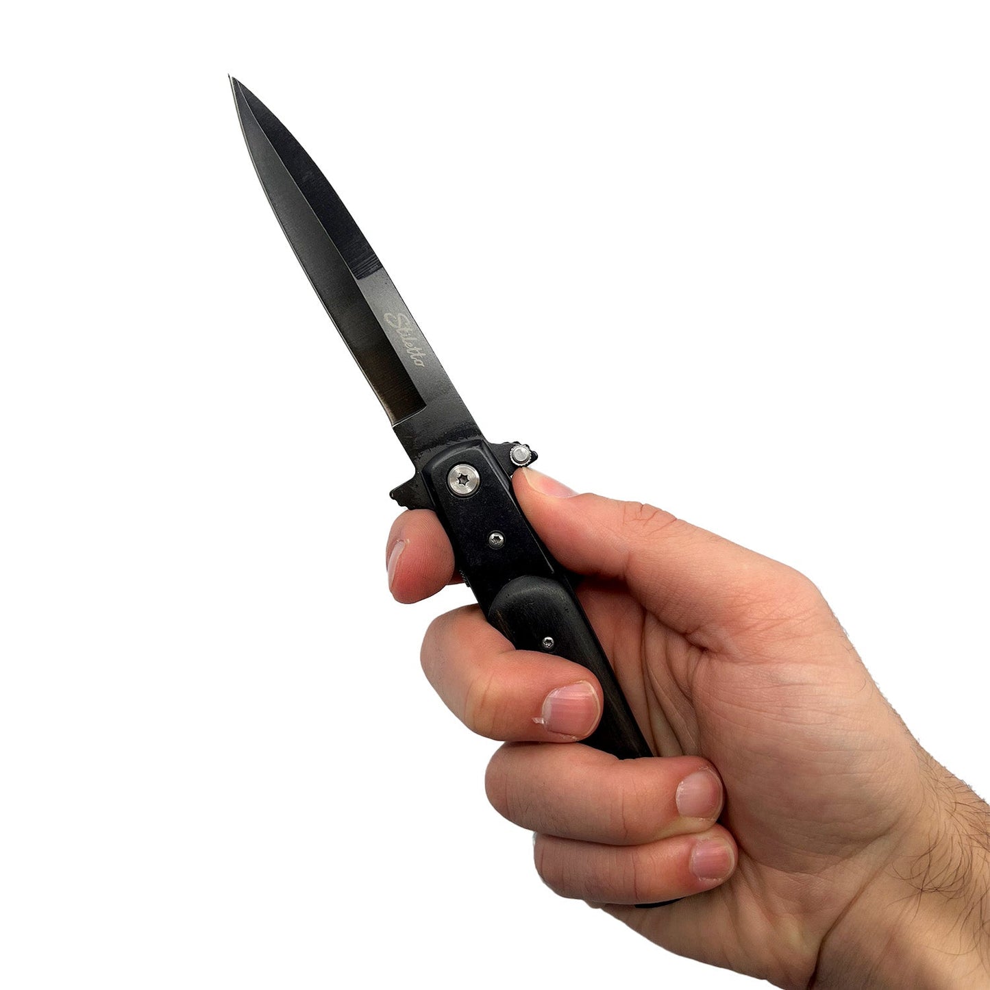 Someone holding Titanium Knife – lightweight and corrosion-resistant folding knife featuring a titanium handle and stainless steel blade, designed for durability and everyday carry, in white background.