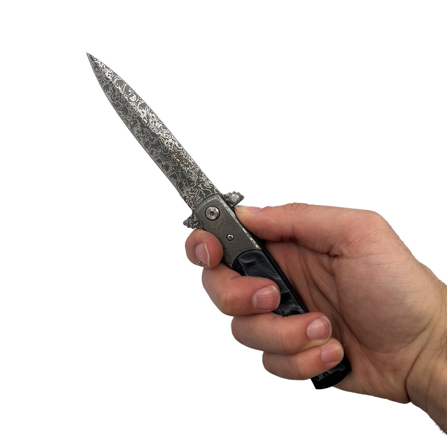 Someone holding Titanium Knife – lightweight and corrosion-resistant folding knife featuring a titanium handle and stainless steel blade, designed for durability and everyday carry, in white background.