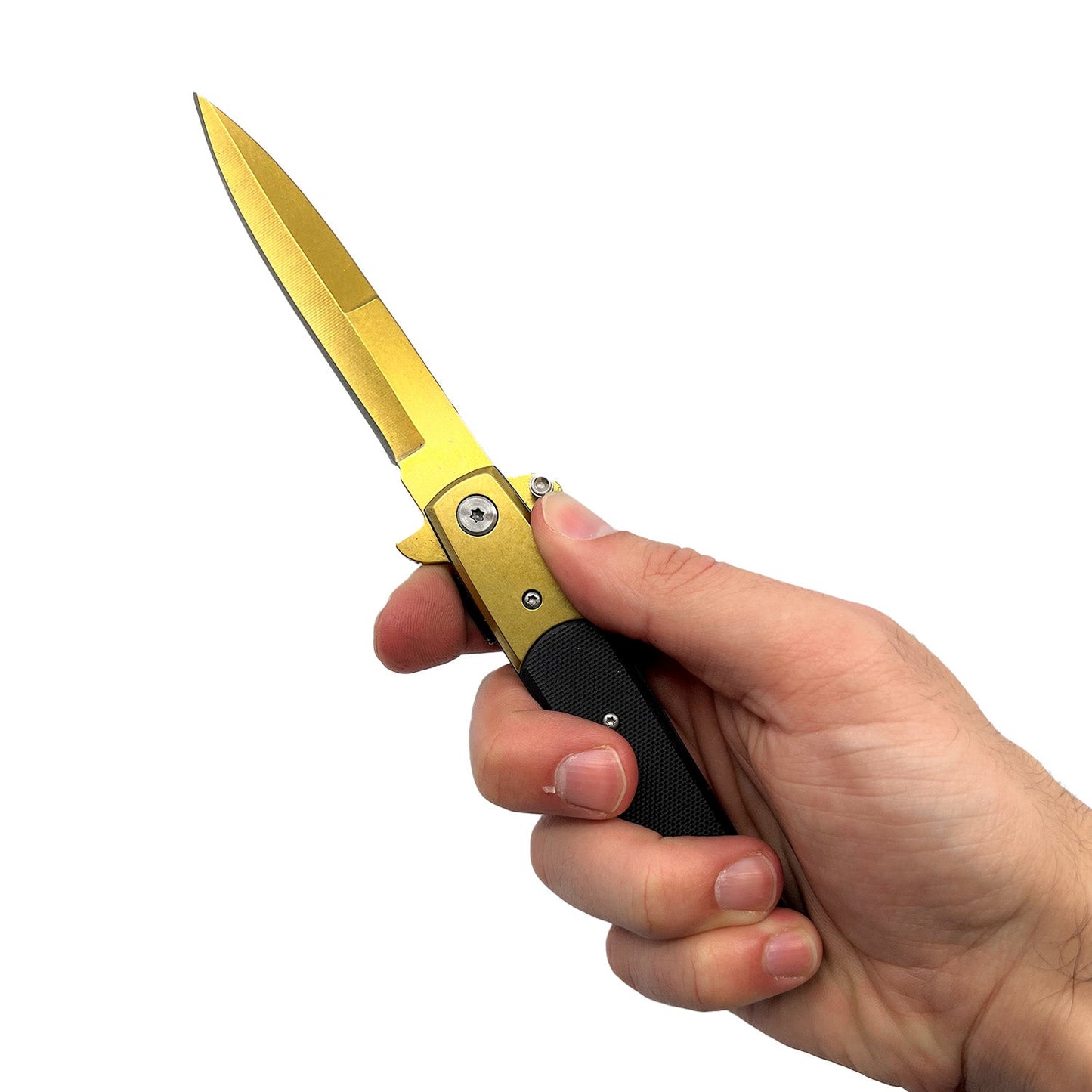 Someone holding Titanium Knife – lightweight and corrosion-resistant folding knife featuring a titanium handle and stainless steel blade, designed for durability and everyday carry, in white background.
