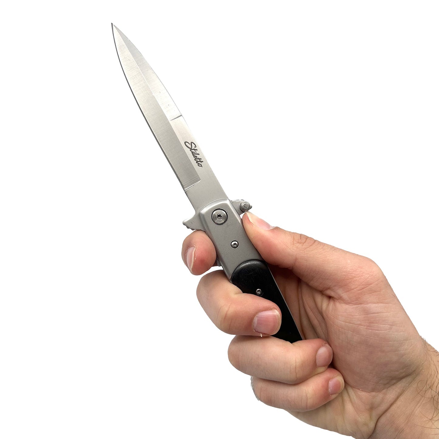 Someone holding Titanium Knife – lightweight and corrosion-resistant folding knife featuring a titanium handle and stainless steel blade, designed for durability and everyday carry, in white background.