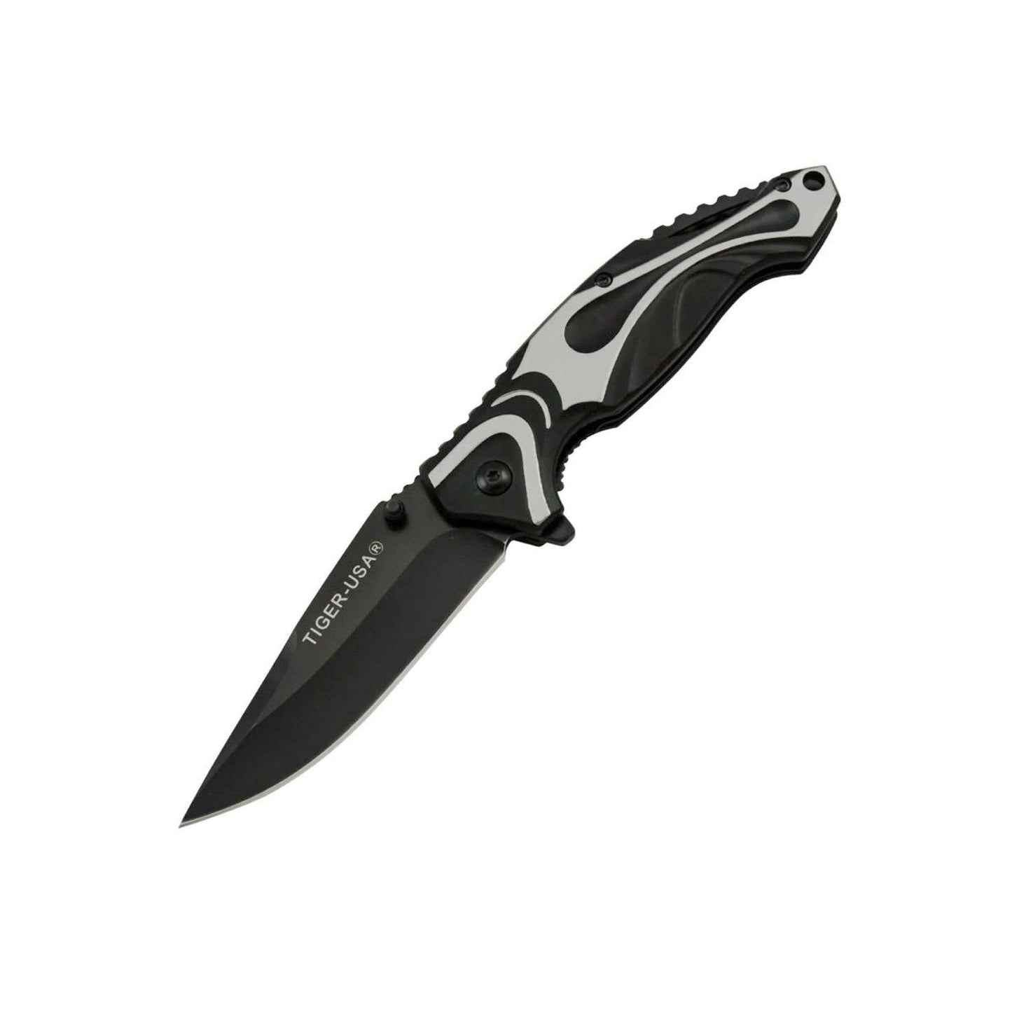 Trigger Action 8” Knife – sturdy folding knife with quick assisted opening for fast deployment, ideal for everyday carry and tactical use, in white background.