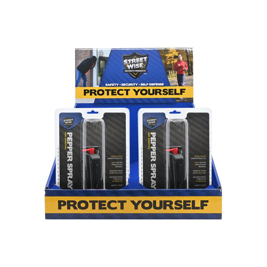10-pack stream pepper spray display with assorted colors, compact self-defense canisters in retail countertop box, in white background.