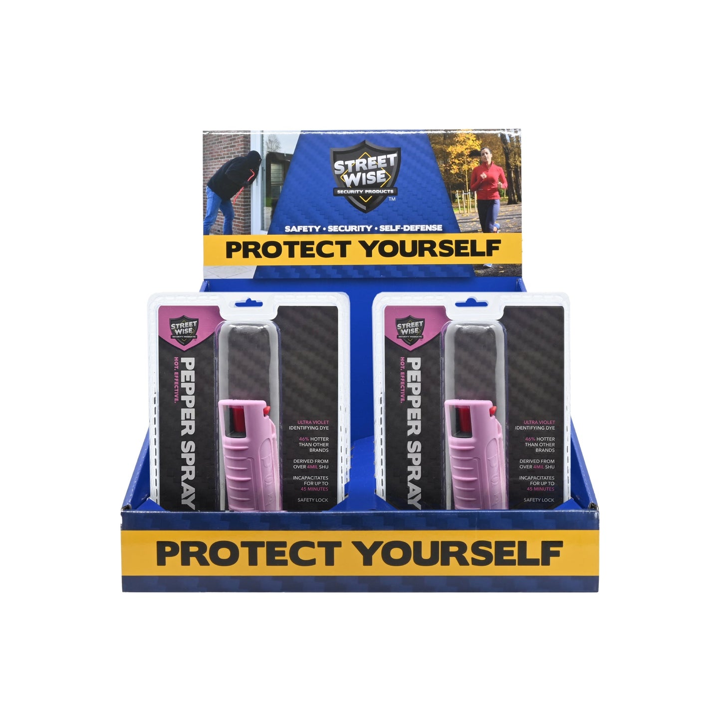 10-pack stream pepper spray display with assorted colors, compact self-defense canisters in retail countertop box, in white background.