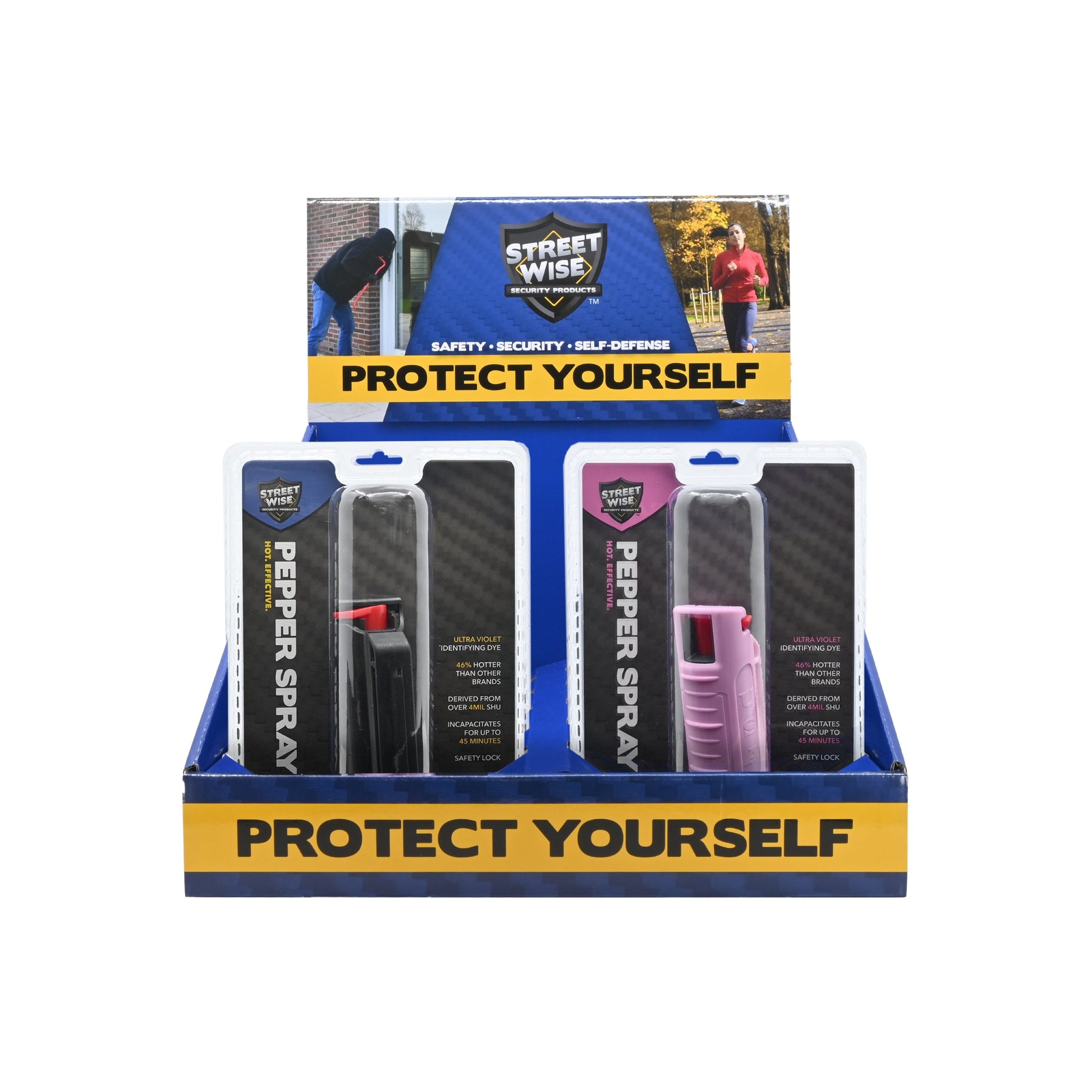 10-pack stream pepper spray display with assorted colors, compact self-defense canisters in retail countertop box, in white background.