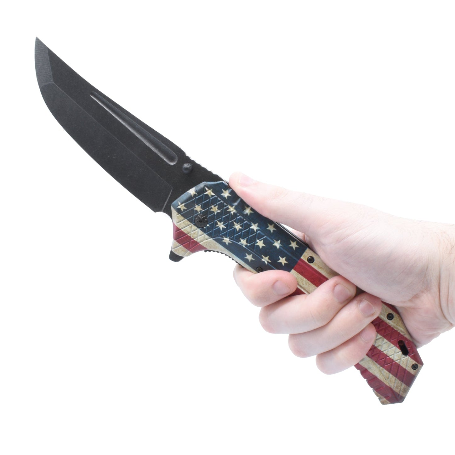 Someone holding 12.25-Inch American Flag Knife – large spring-assisted folding knife featuring a 5" stainless steel blade and a 7" handle adorned with a 3D-printed USA flag design, ideal for collectors and outdoor enthusiasts, in white background.