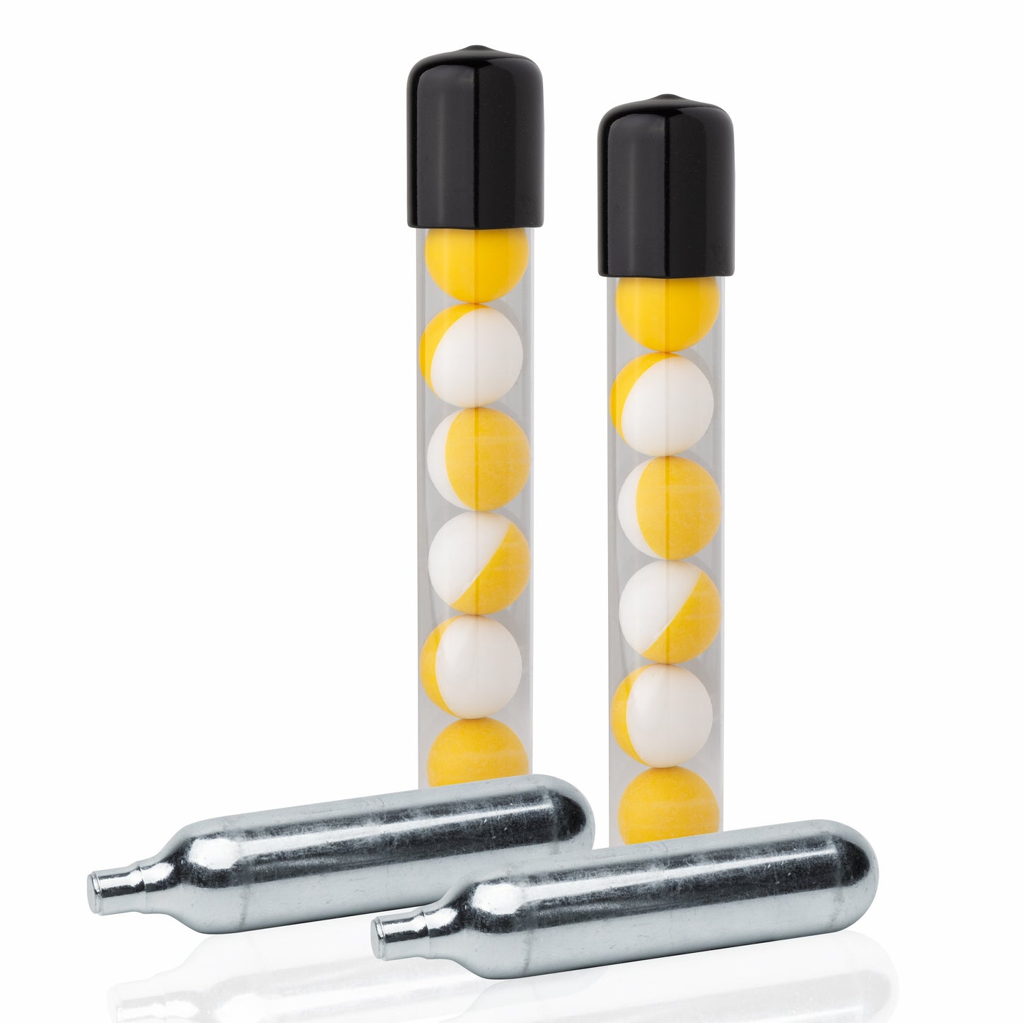 14 Inert 0.68 Cal Projectiles + 2 CO2 Cartridges – training kit designed for SABRE SLP1C and compatible 0.68 caliber launchers, including 14 inert powder projectiles and two 12g CO₂ cartridges for safe, practice use without active pepper irritants, in white background.