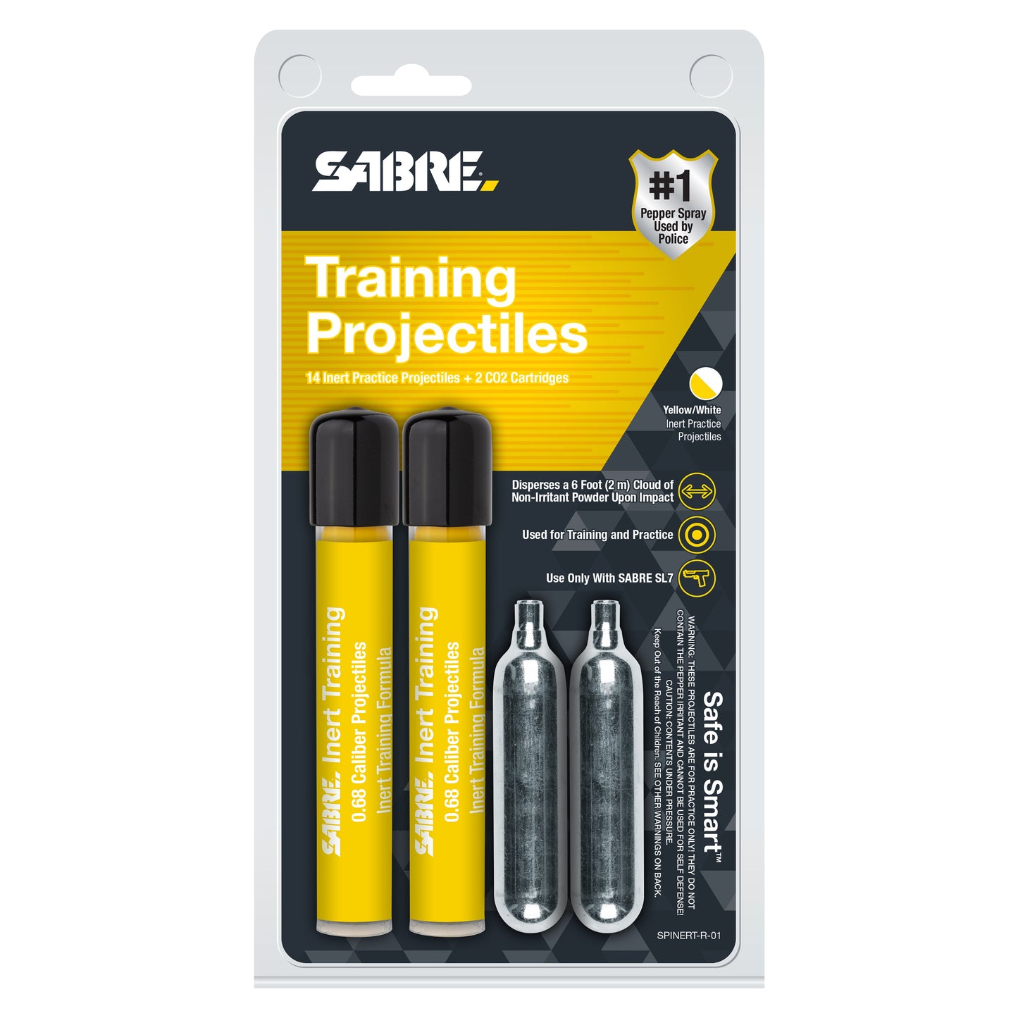 Package for 14 Inert 0.68 Cal Projectiles + 2 CO2 Cartridges – training kit designed for SABRE SLP1C and compatible 0.68 caliber launchers, including 14 inert powder projectiles and two 12g CO₂ cartridges for safe, practice use without active pepper irritants, in white background.