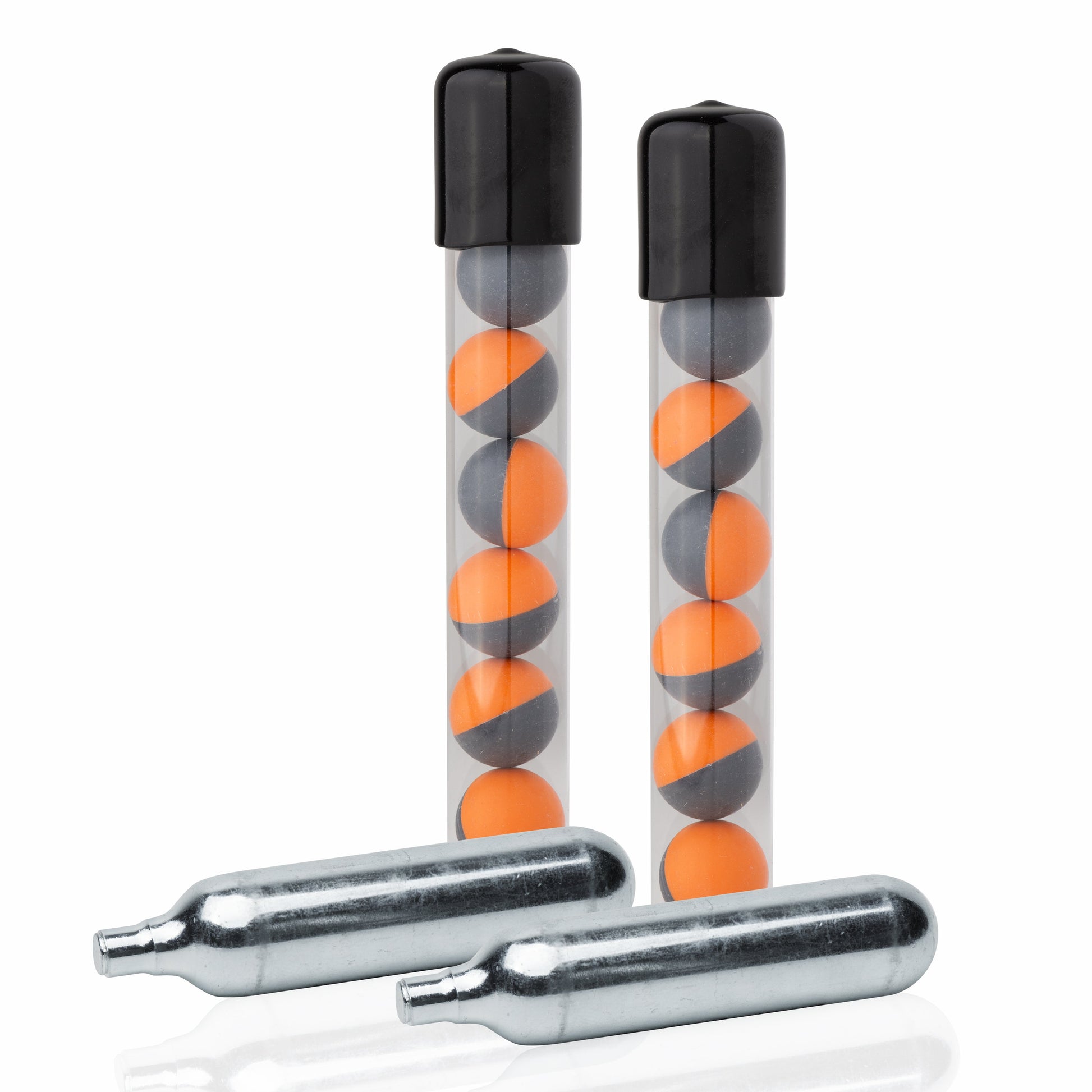 14 Live 0.68 Cal Projectiles + 2 CO2 Cartridges – refill kit designed for SABRE SLP1C and compatible 0.68 caliber pepper launchers, containing 14 red pepper powder projectiles and two 12g CO₂ cartridges, each dispersing a 6-foot cloud of non-irritant powder upon impact, in white background.