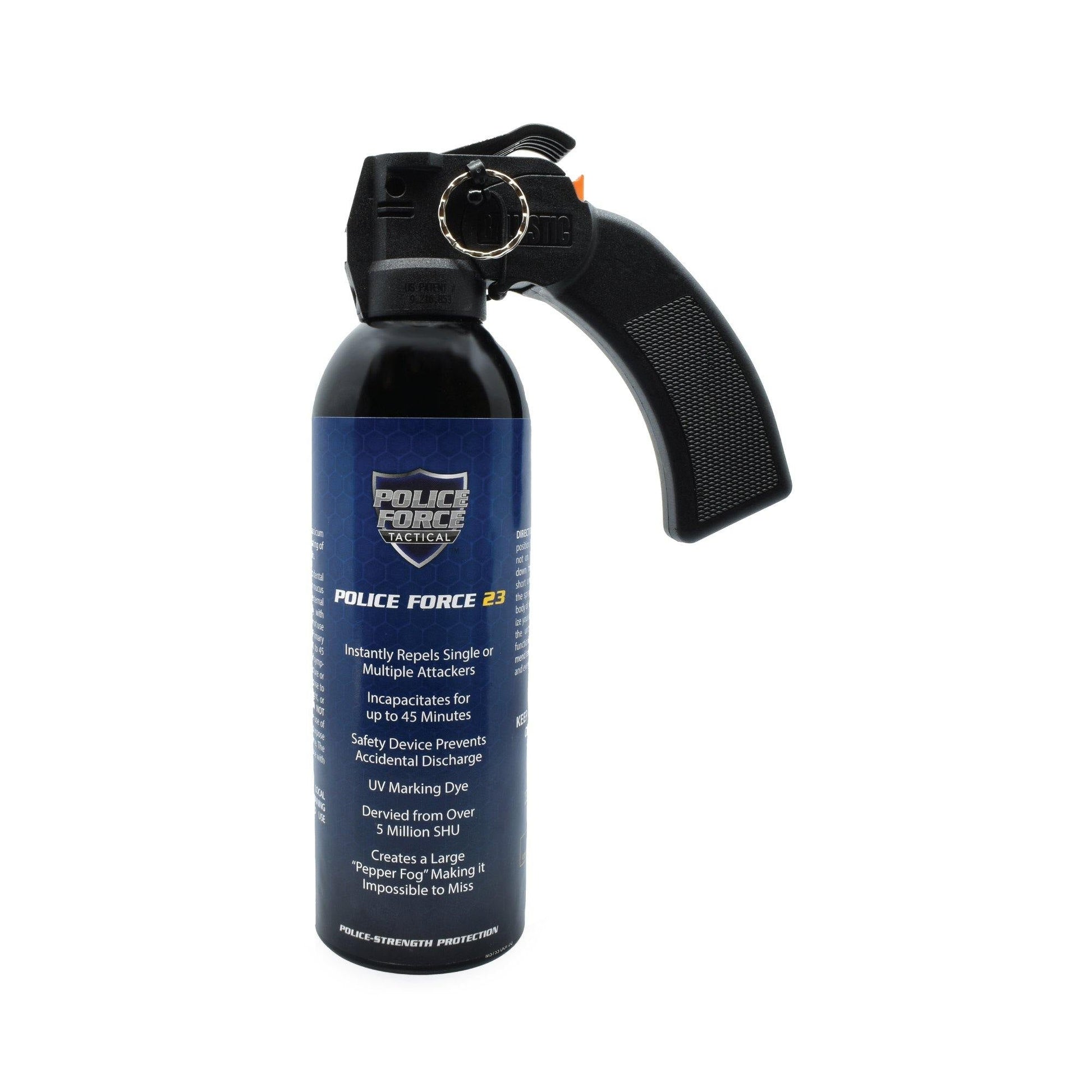 23 Fogger Pepper Spray 16oz with Pistol Grip – large-capacity self-defense spray with a fogger delivery system and ergonomic pistol grip for crowd control or home protection, in white background.