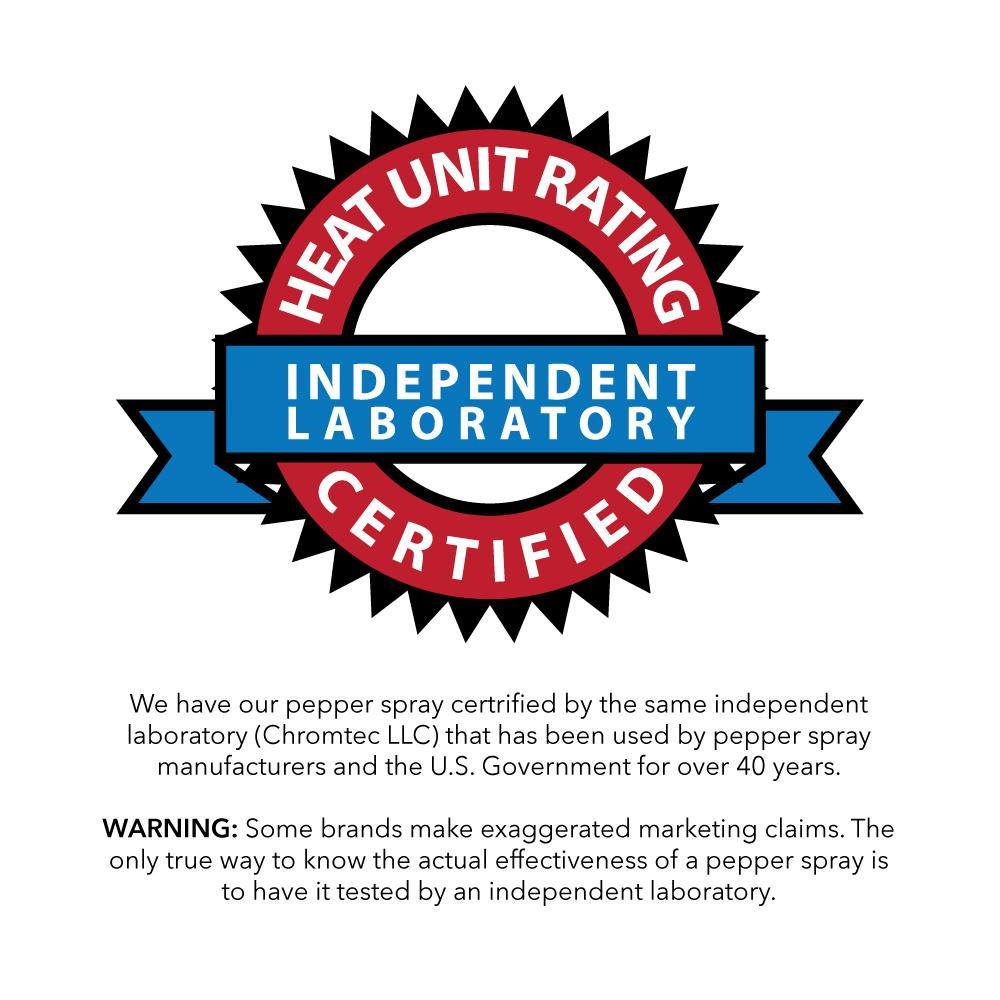 Certified heat rating for 23 Fogger Pepper Spray 16oz with Pistol Grip – large-capacity self-defense spray with a fogger delivery system and ergonomic pistol grip for crowd control or home protection.