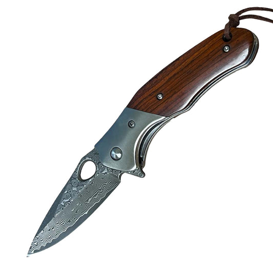 3.5″ Damascus Drop Point Folding Knife with Wood Handle – elegant folding knife featuring a 3.5″ Damascus-steel drop-point blade with visible ripple patterning, ergonomic wood handle with brass accents, and liner-lock mechanism with pocket clip for everyday carry and collectible appeal, in white background.