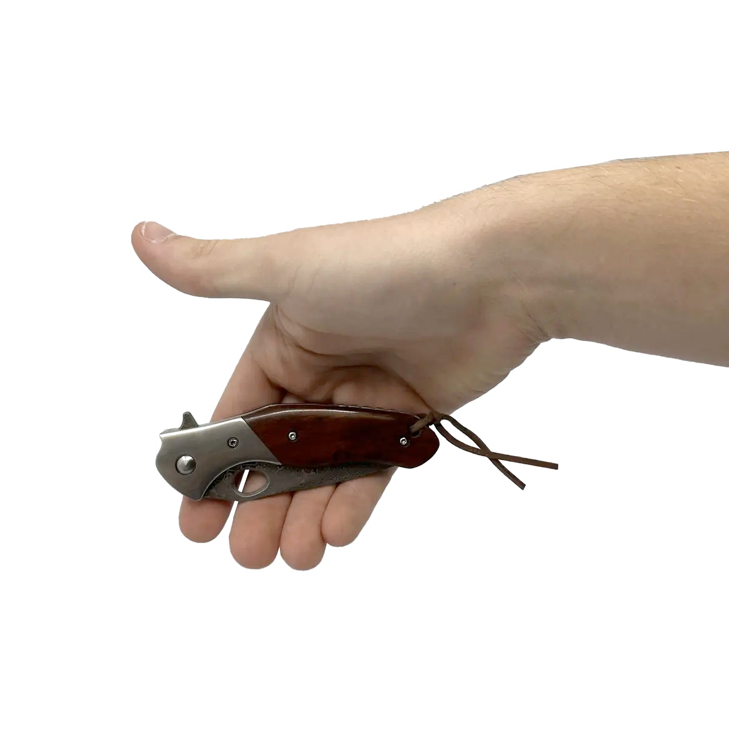 Someone holding 3.5″ Damascus Drop Point Folding Knife with Wood Handle – elegant folding knife featuring a 3.5″ Damascus-steel drop-point blade with visible ripple patterning, ergonomic wood handle with brass accents, and liner-lock mechanism with pocket clip for everyday carry and collectible appeal, in white background.