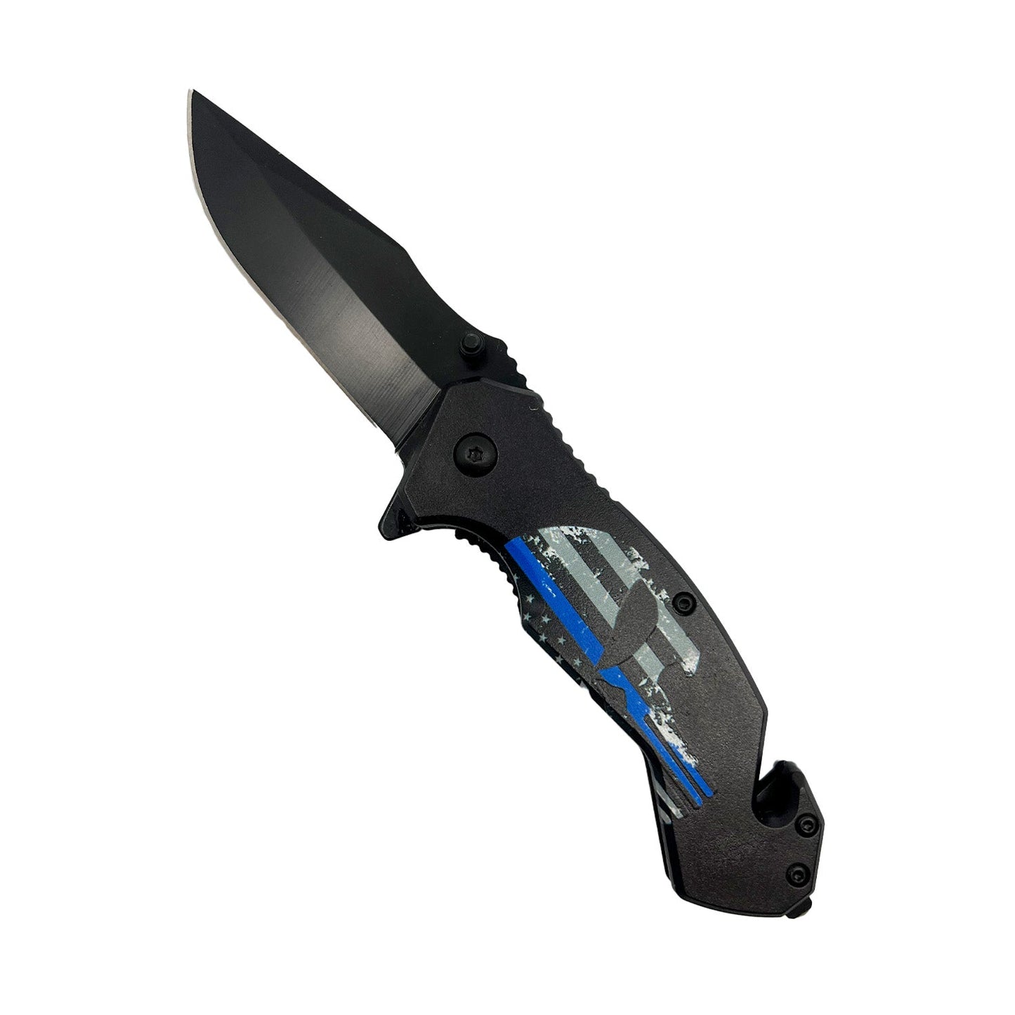 3½‑Inch Spring‑Assisted Folding Knife – folding knife with a black 440 stainless steel drop-point blade, spring‑assisted opening, 5″ ergonomic handle, belt clip, seat-belt cutter and window breaker – compact yet rugged for everyday and tactical use, in white background.