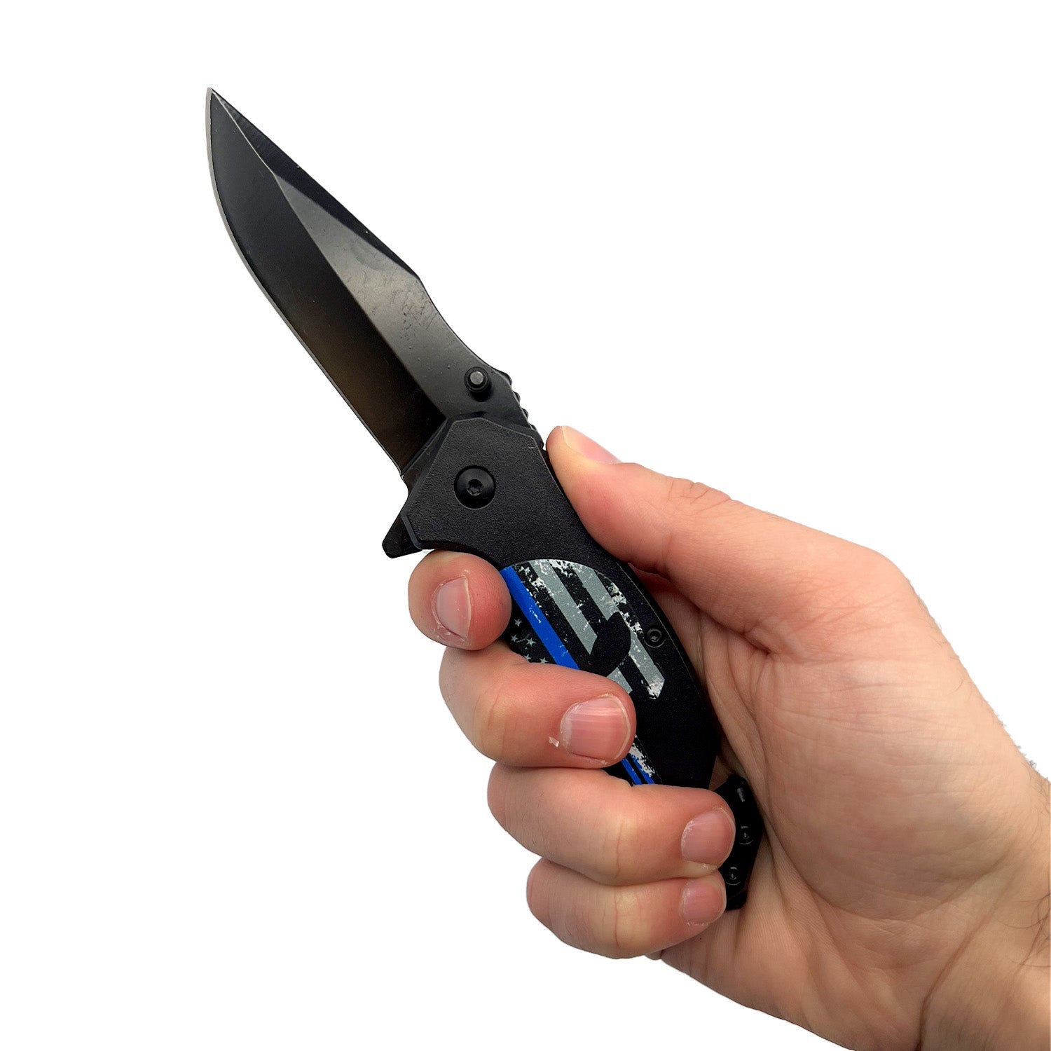 Someone holding 3½‑Inch Spring‑Assisted Folding Knife – folding knife with a black 440 stainless steel drop-point blade, spring‑assisted opening, 5″ ergonomic handle, belt clip, seat-belt cutter and window breaker – compact yet rugged for everyday and tactical use, in white background.