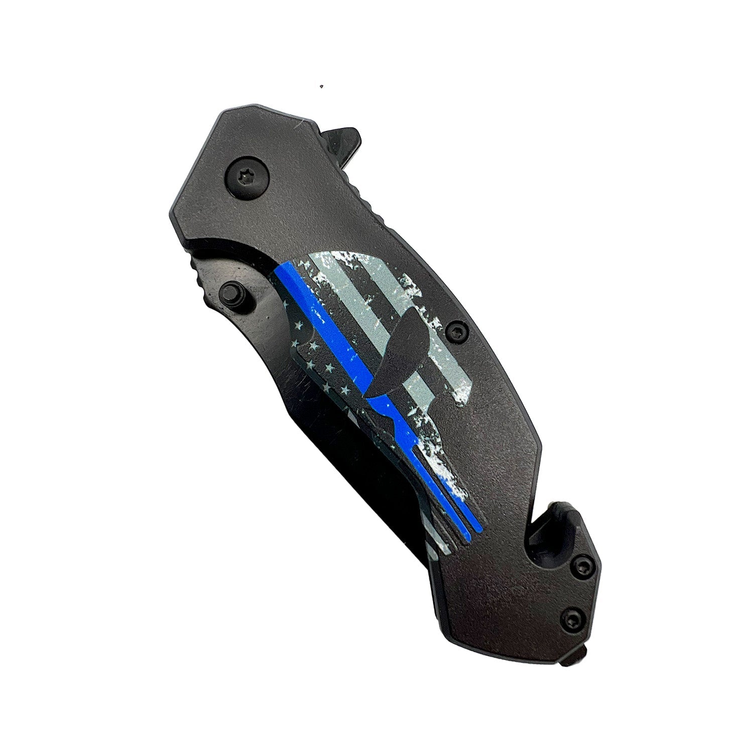 3½‑Inch Spring‑Assisted Folding Knife – folding knife with a black 440 stainless steel drop-point blade, spring‑assisted opening, 5″ ergonomic handle, belt clip, seat-belt cutter and window breaker – compact yet rugged for everyday and tactical use, in white background.