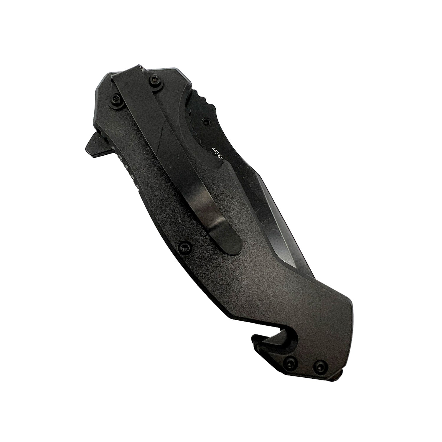 3½‑Inch Spring‑Assisted Folding Knife – folding knife with a black 440 stainless steel drop-point blade, spring‑assisted opening, 5″ ergonomic handle, belt clip, seat-belt cutter and window breaker – compact yet rugged for everyday and tactical use, in white background.