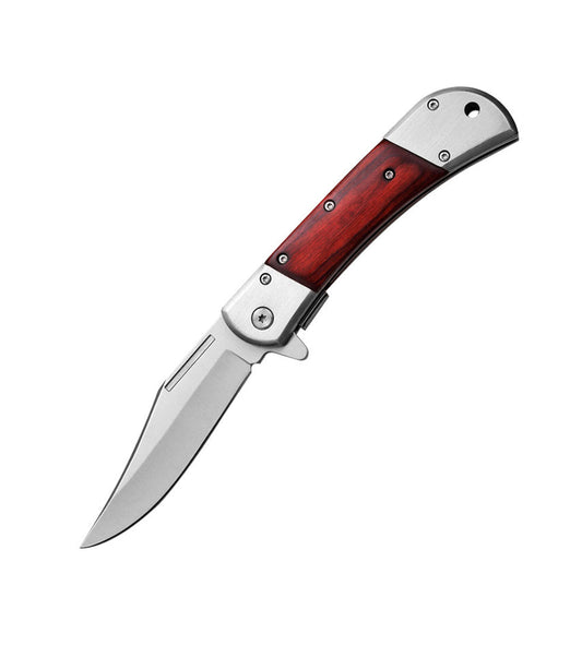 3.75″ Spring Assisted Folding Knife with Drop Point Blade – compact and sturdy folding knife featuring a spring-assisted opening mechanism, a sharp stainless-steel drop-point blade, and an ergonomic handle with belt clip for everyday carry and utility, in white background.