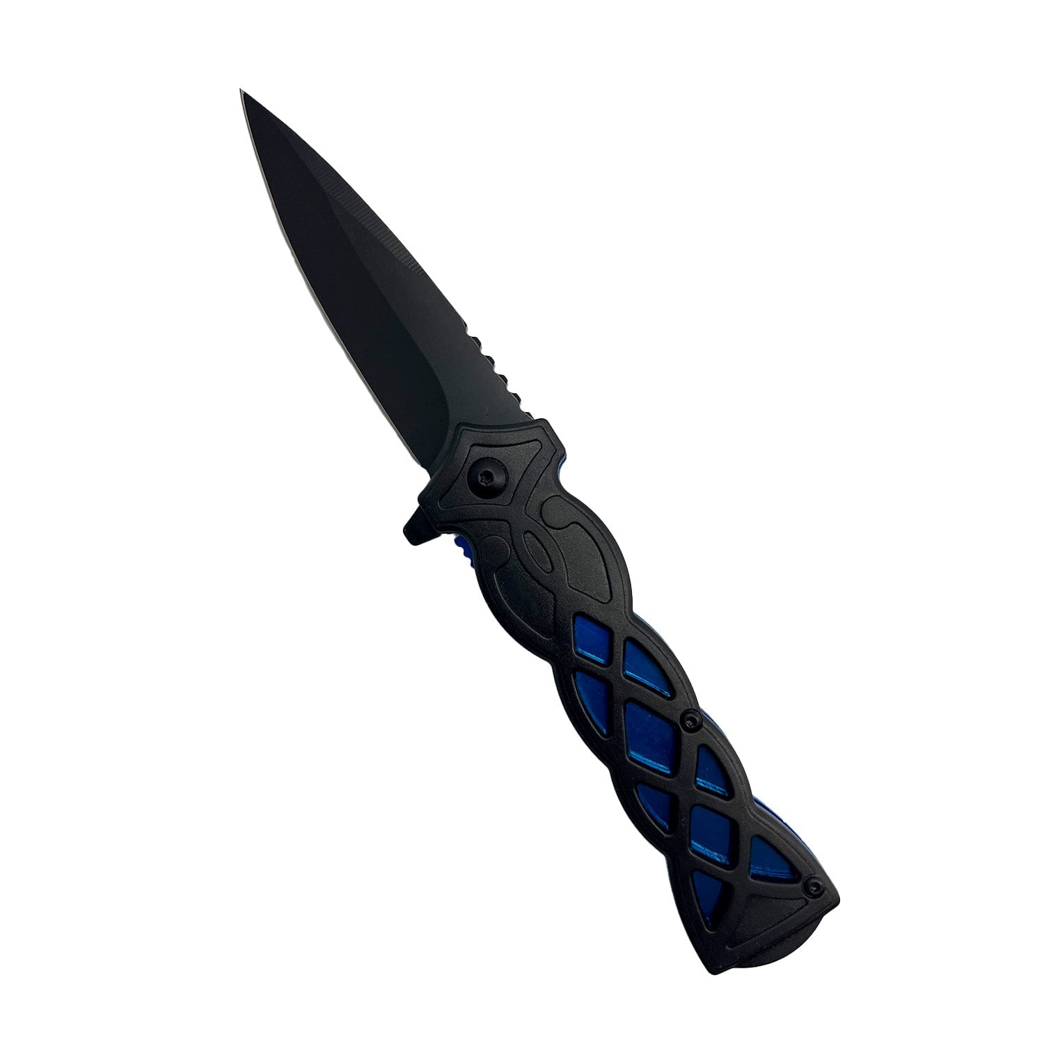 3.75-Inch Weave Pattern Knife with ABS Handle – folding knife featuring a 3.5" black 440 stainless steel blade and a 3.75" black ABS handle with a distinctive weave pattern, ergonomic grip, and pocket clip for secure everyday carry, in white background.