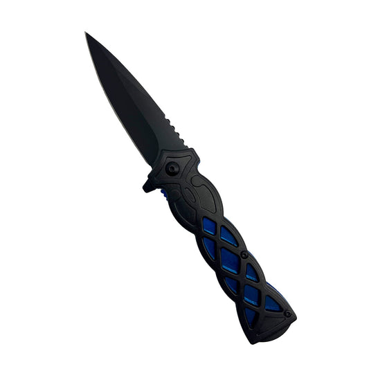 3.75-Inch Weave Pattern Knife with ABS Handle – folding knife featuring a 3.5" black 440 stainless steel blade and a 3.75" black ABS handle with a distinctive weave pattern, ergonomic grip, and pocket clip for secure everyday carry, in white background.