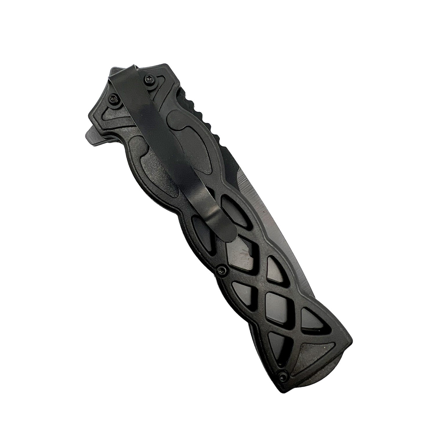 3.75-Inch Weave Pattern Knife with ABS Handle – folding knife featuring a 3.5" black 440 stainless steel blade and a 3.75" black ABS handle with a distinctive weave pattern, ergonomic grip, and pocket clip for secure everyday carry, in white background.